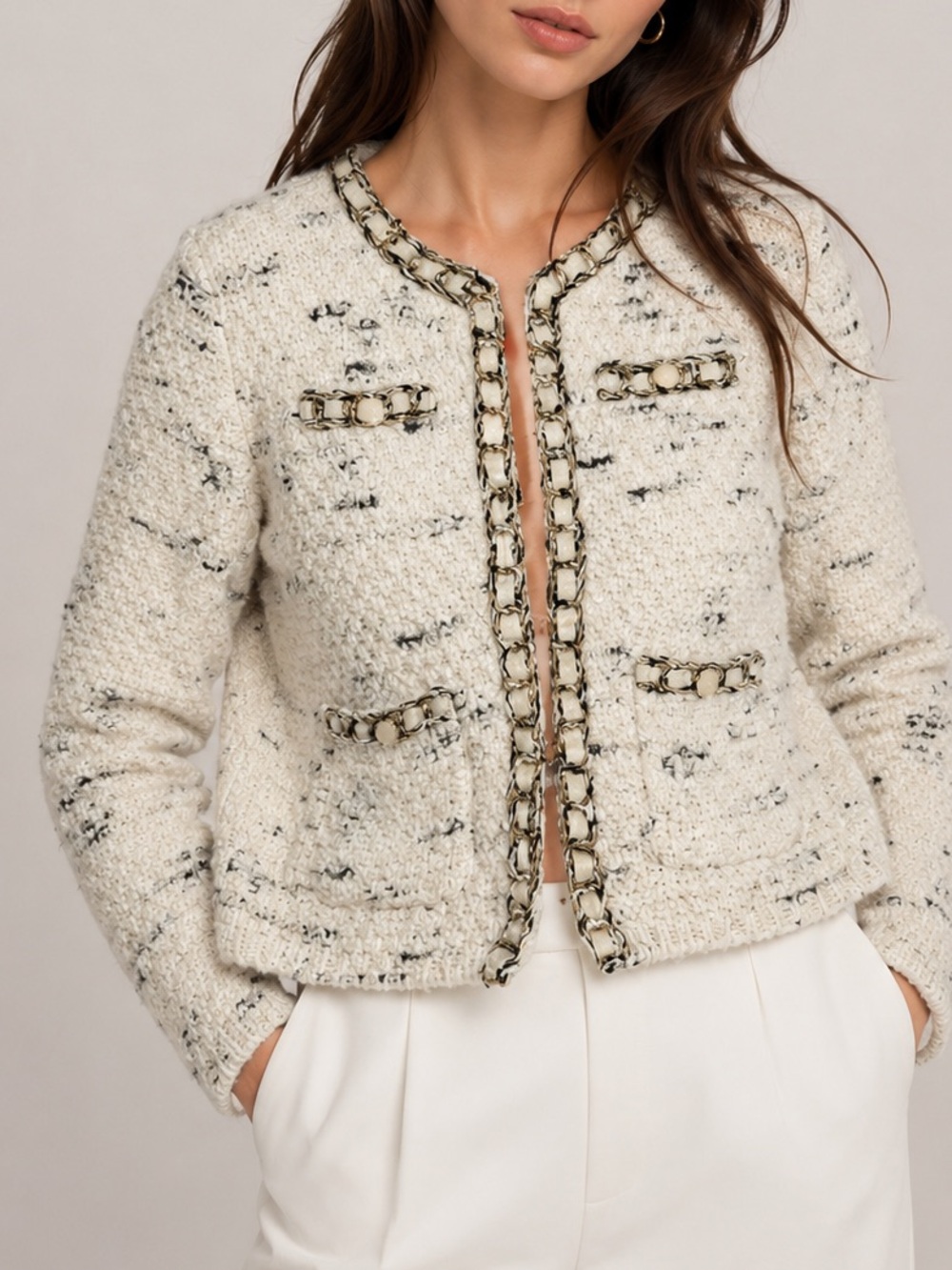 b+ab Textured Wool Blend Tweed Knit Cardigan Jacket Size XS Ivory Black Metallic